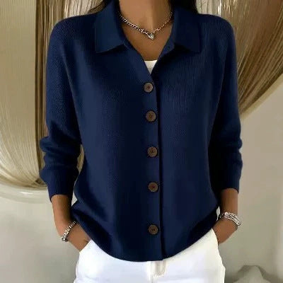 Collared Button-Front Knit Cardigan in Navy — front view on model