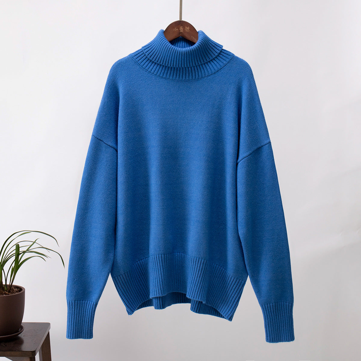 Oversized Knit Turtleneck Sweater in Cobalt Blue — front view