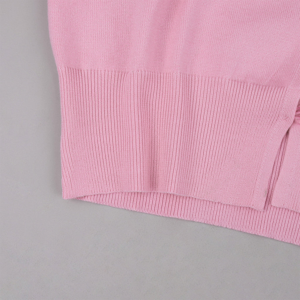 Cropped Button Cardigan & Fold-Over Waist Wide-Leg Knit Pants Set in Blush Pink — close-up of the ribbed hem