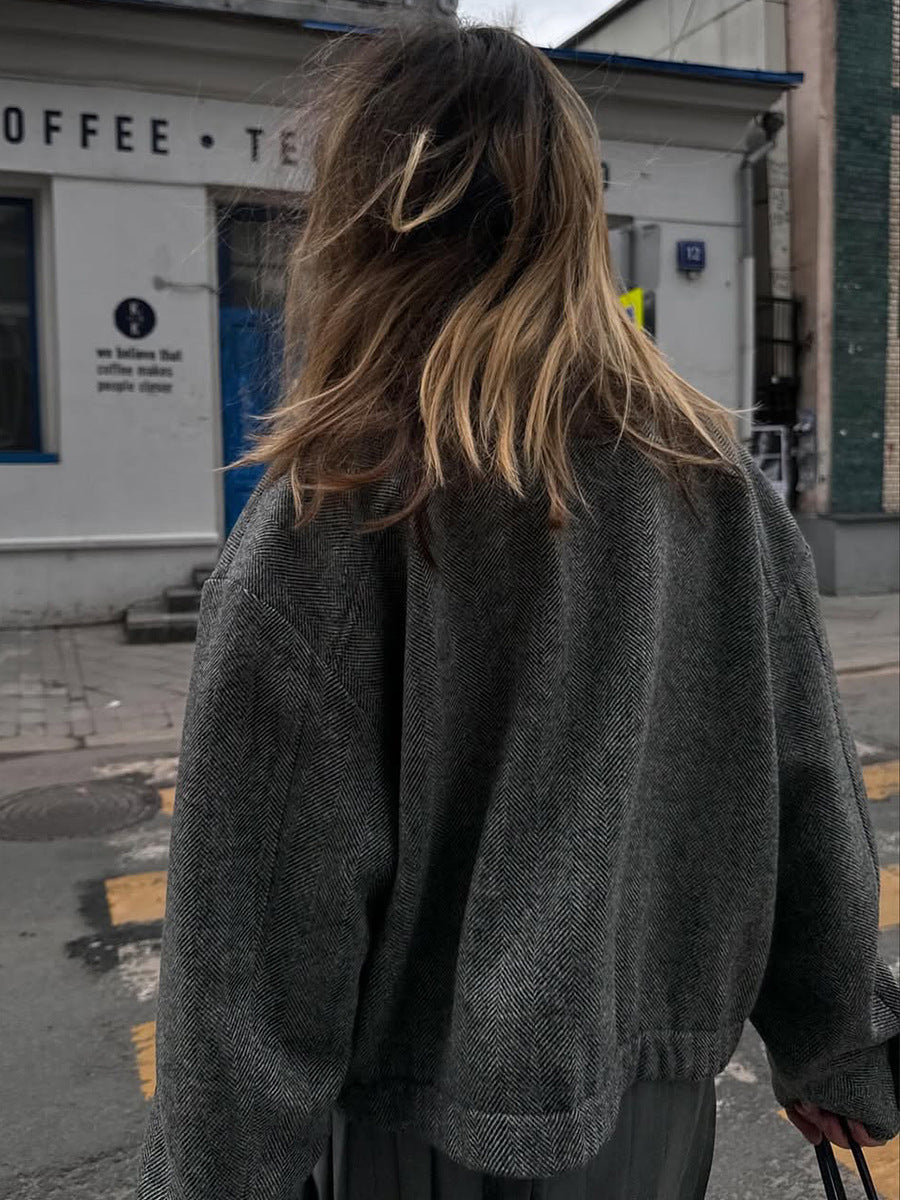 Herringbone Wool-Blend Cropped Jacket with Stand Collar in Charcoal Herringbone — back view on model