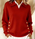 Collared Sweater with Side Buttons in Red — front view on model