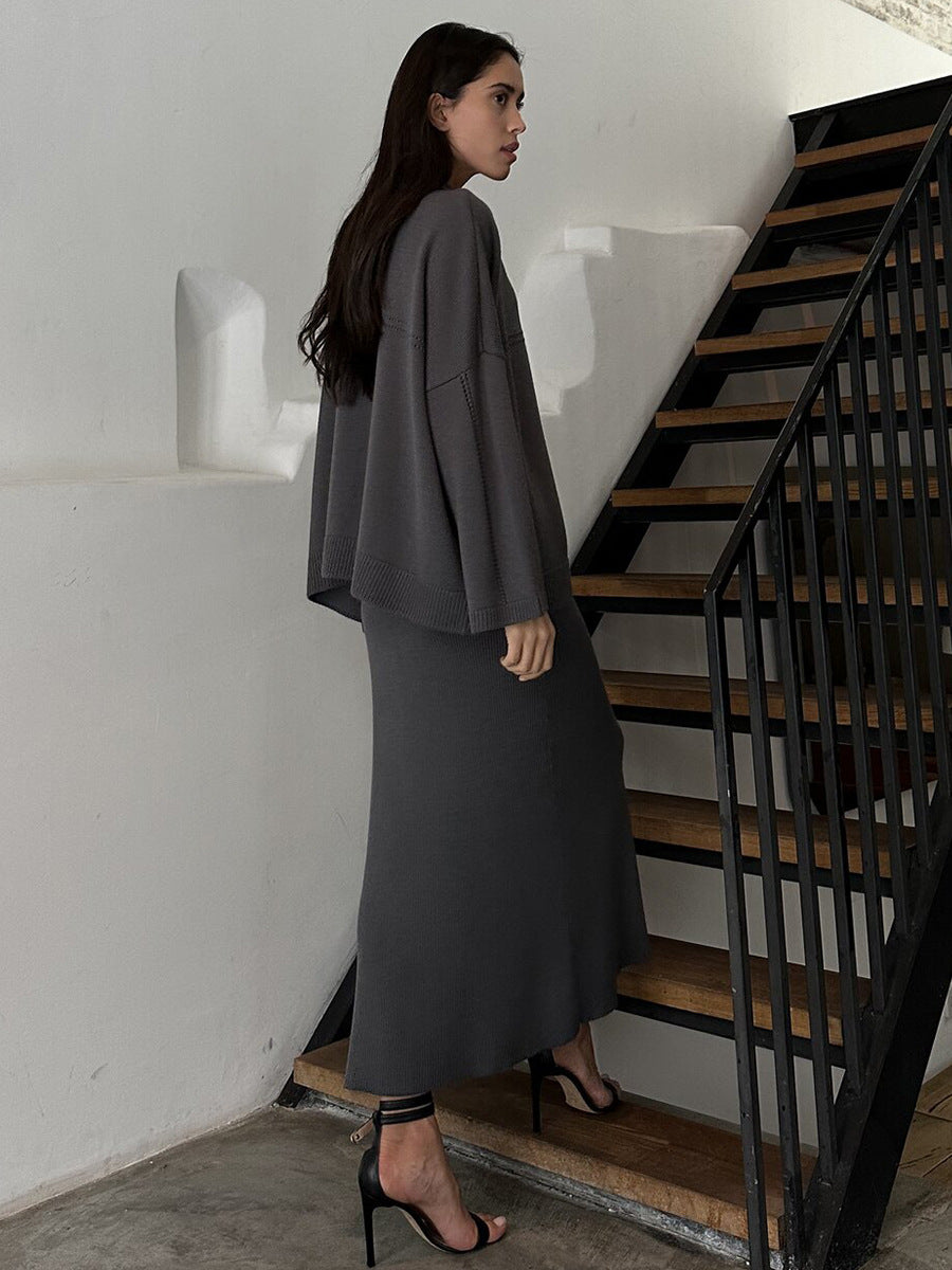 Oversized Collared V-Neck Sweater & Knit Maxi Skirt Set in Charcoal — side view on model