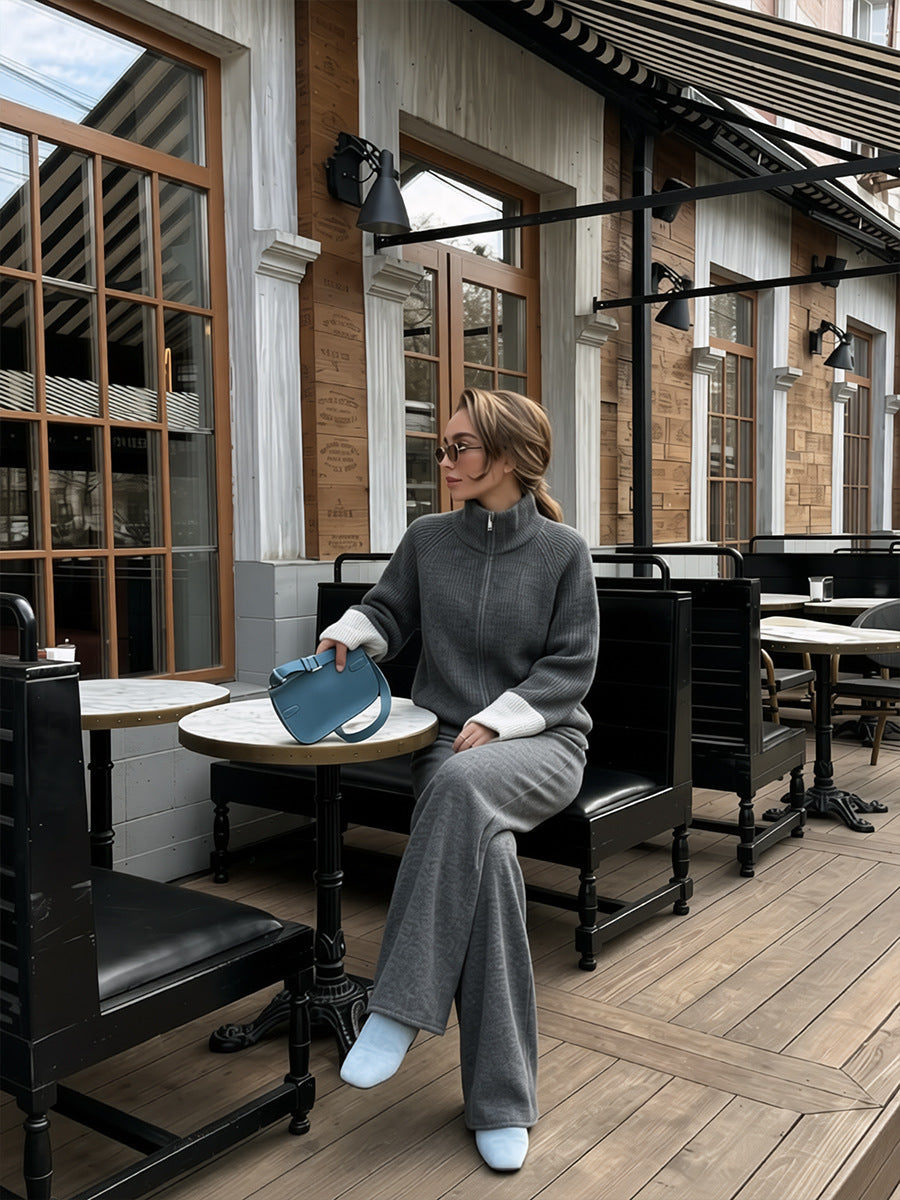 Contrast-Cuff Zip Knit Top and Pants Set in Charcoal — seated front view