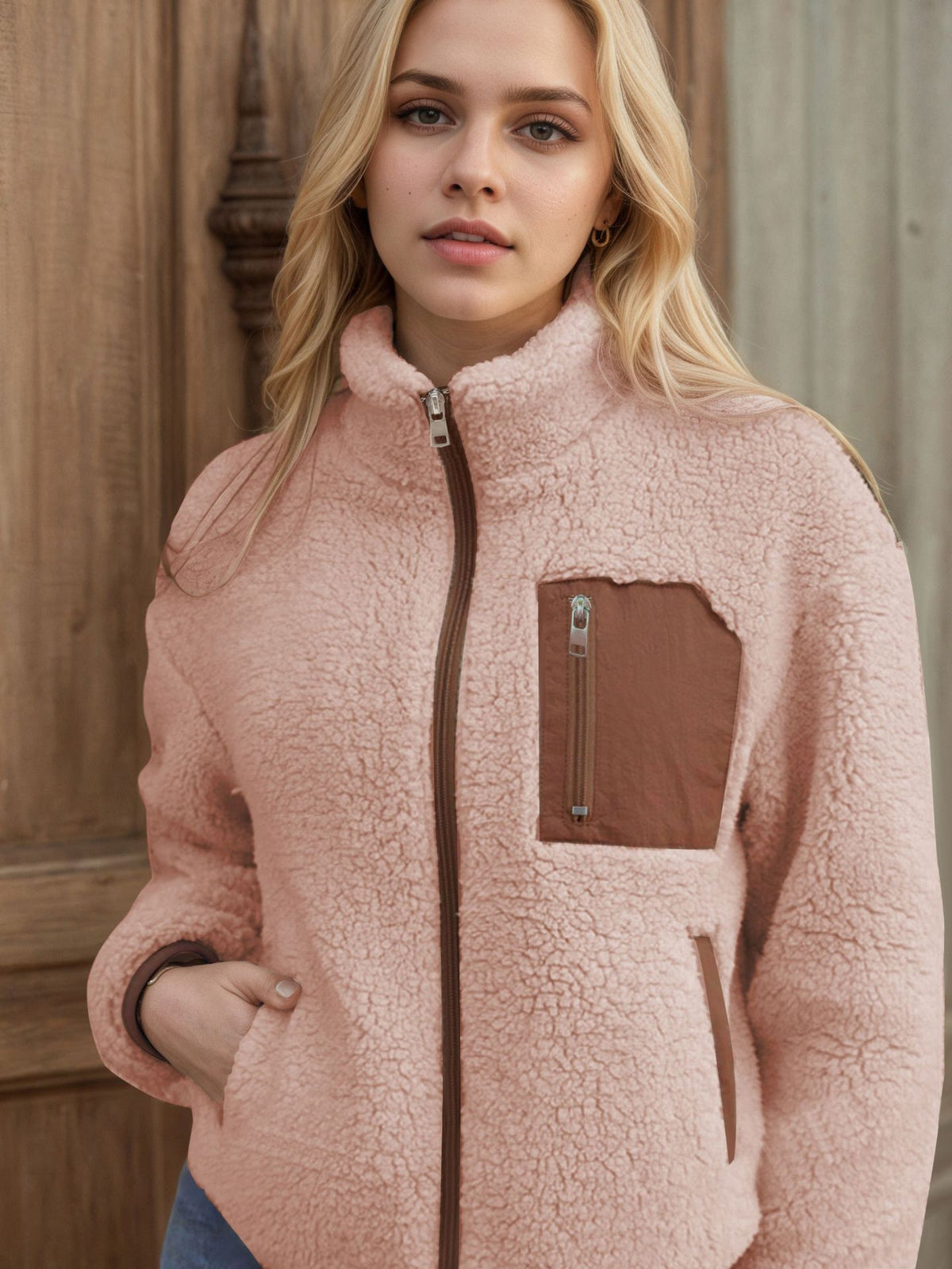 Teddy Fleece Zip-Up Jacket with Contrast Pockets in Blush — front view on model