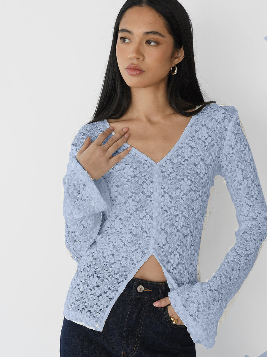 Floral Lace V-Neck Button-Front Top in Powder Blue — front view on model