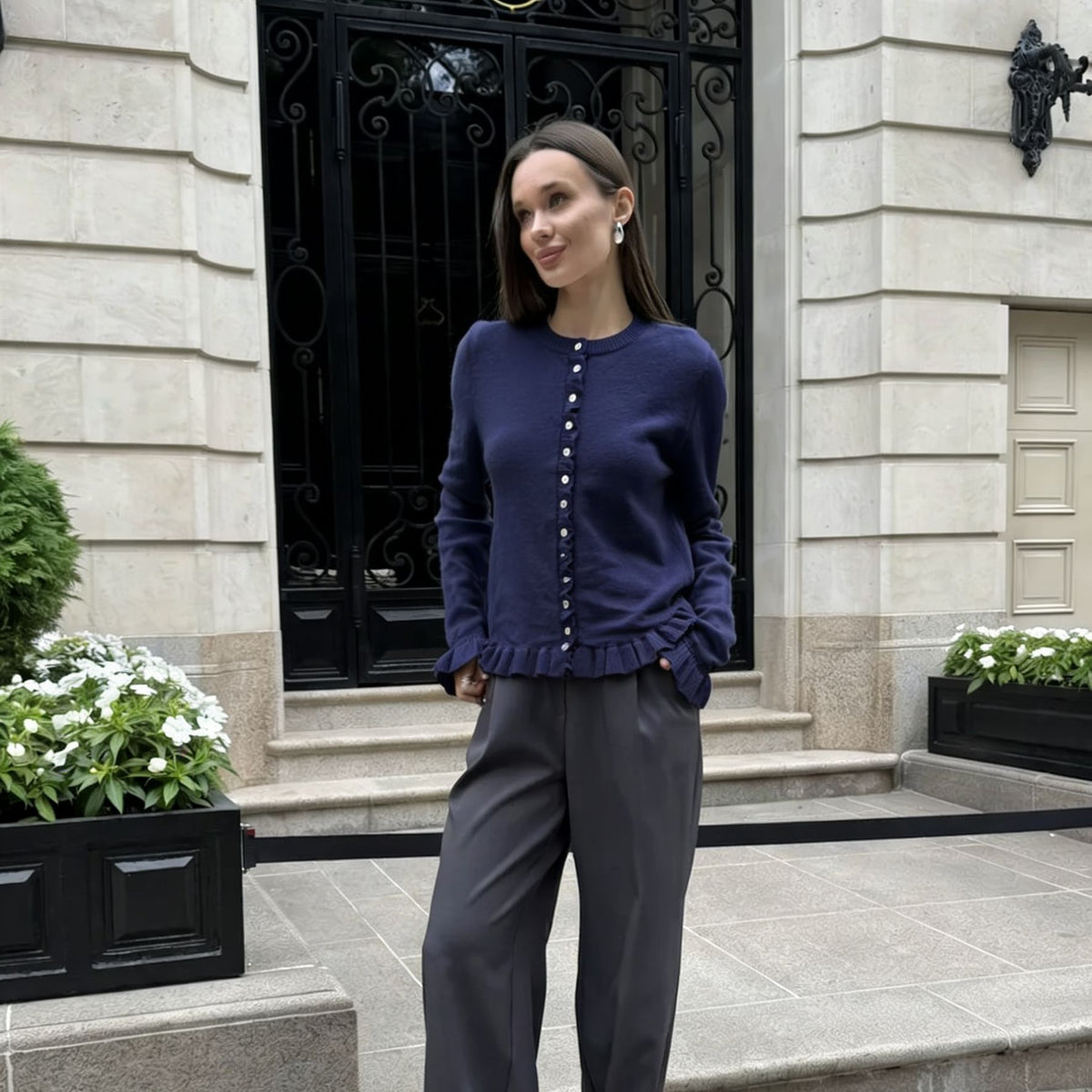 Ruffle-Trim Button-Front Knit Cardigan in Navy — front view on model