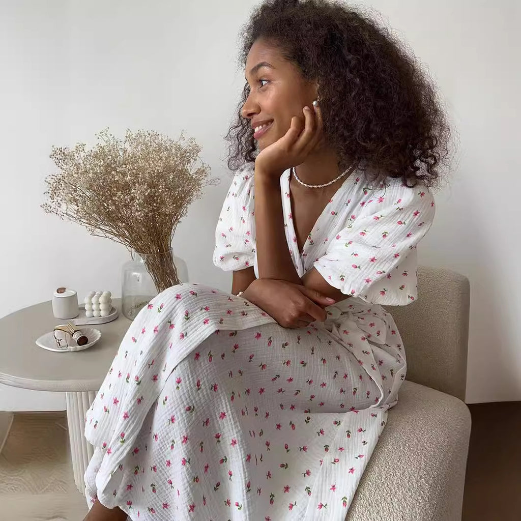 Cotton Floral Puff-Sleeve Wrap Midi Dress in Yellow Floral — seated indoor on model