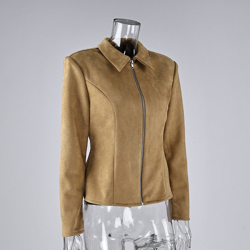 Fitted Faux Suede Zip Jacket with Peplum Hem in Camel — side view on mannequin