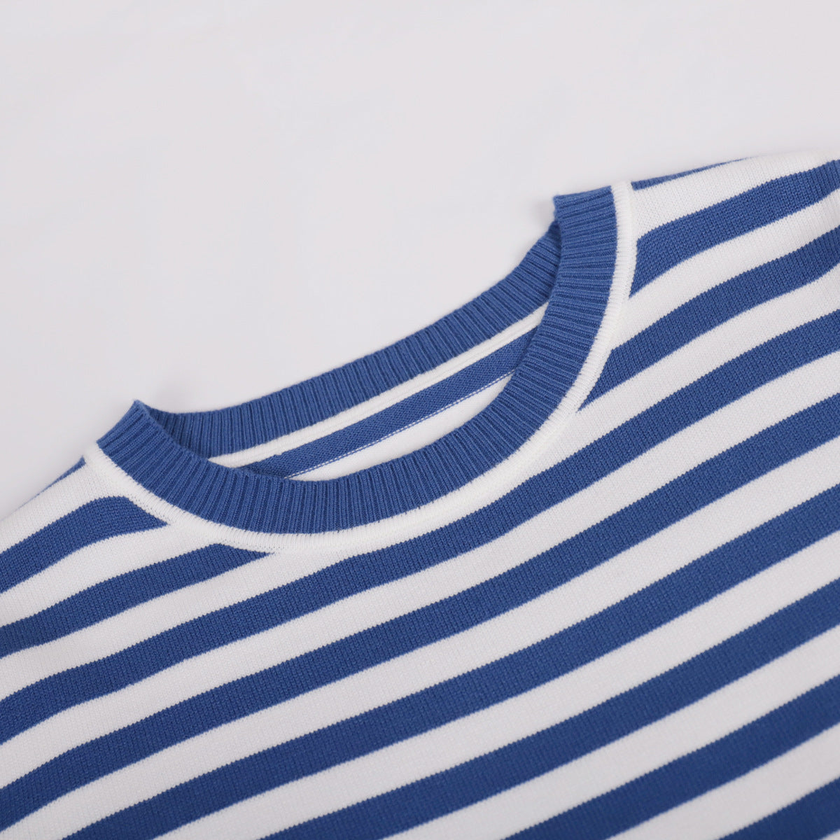 Relaxed Striped Crew Neck Sweater in Blue Stripe — close-up of ribbed crew neck