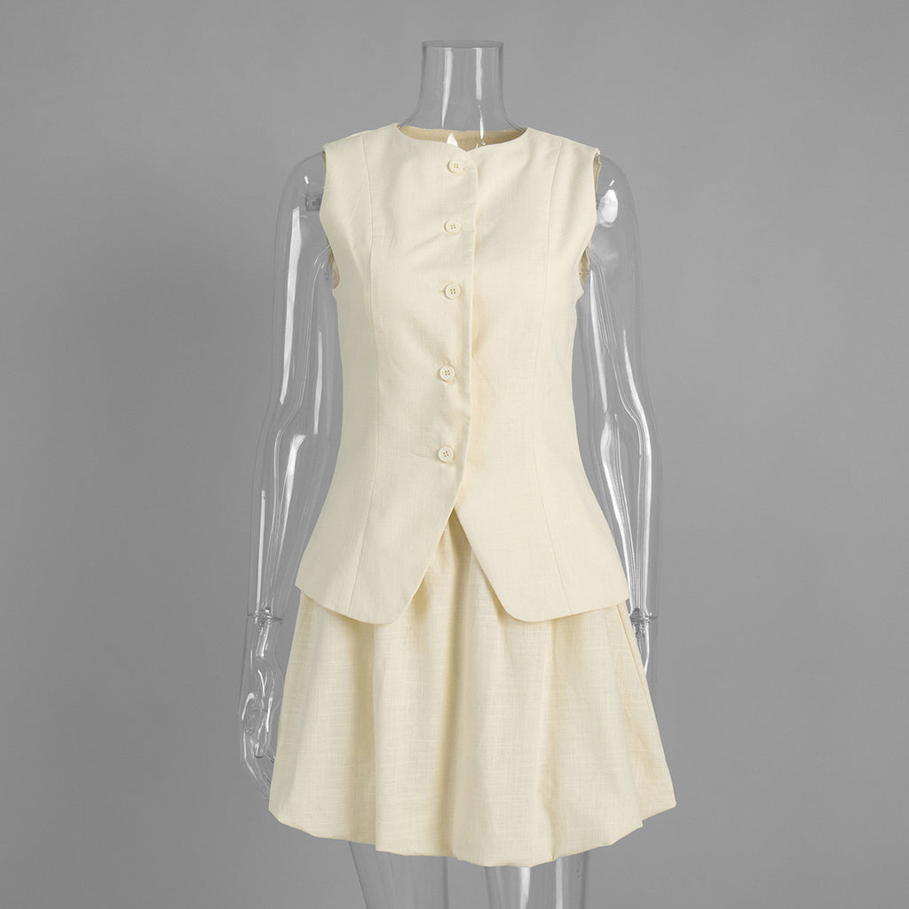 Cotton Peplum Vest & Bubble Mini Skirt Set in Apricot — set on mannequin