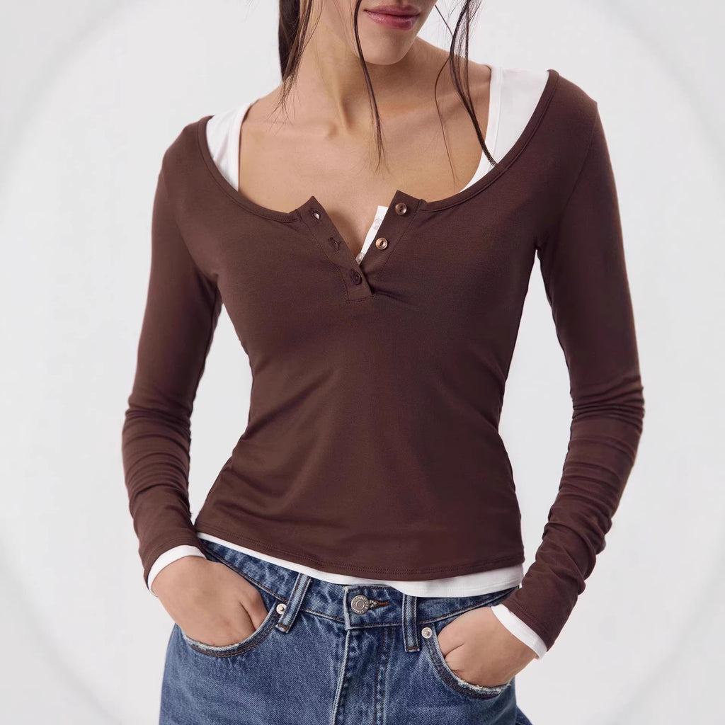 Modal Scoop Neck Button Long Sleeve Tee in Coffee Brown — front view on model