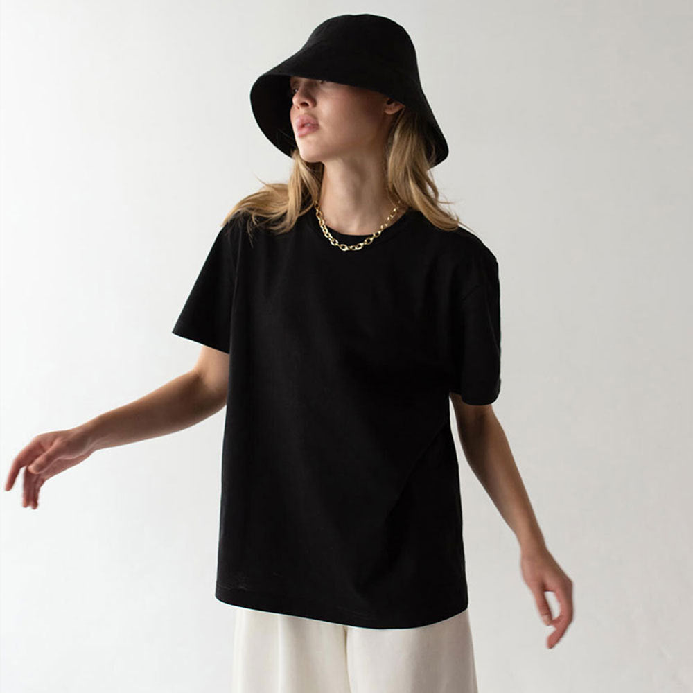 Everyday Cotton Short Sleeve Crew Tee in Black — on model with bucket hat