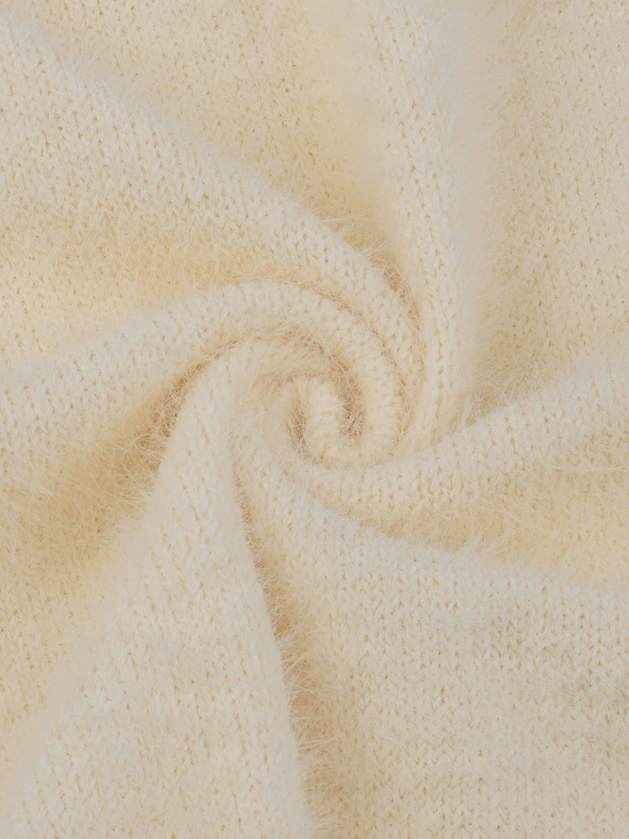 Fuzzy Knit Button Cardigan & Maxi Skirt Set in Cream — fluffy knit texture close-up