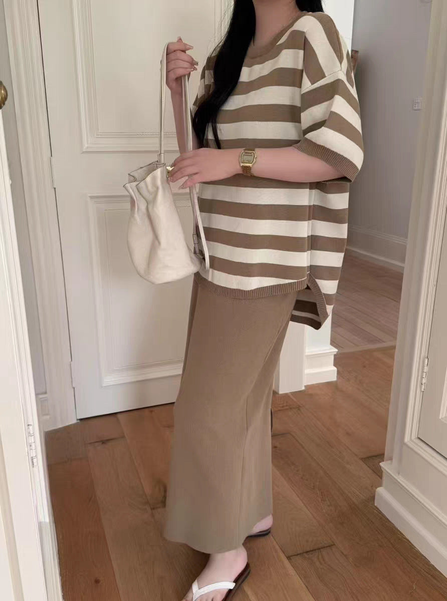 Striped Knit Top and Midi Skirt Set in Camel — side view on model