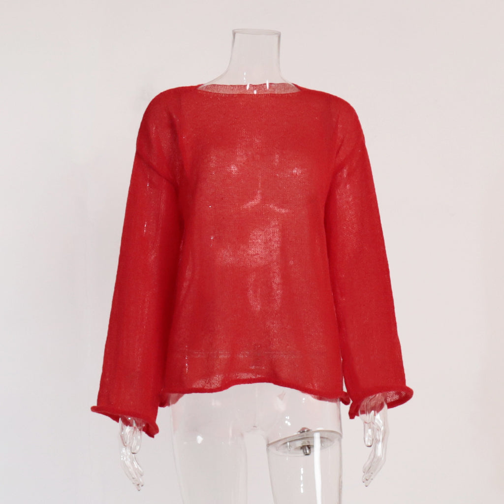 Sheer Open-Knit Bell Sleeve Sweater in Red — front view on mannequin