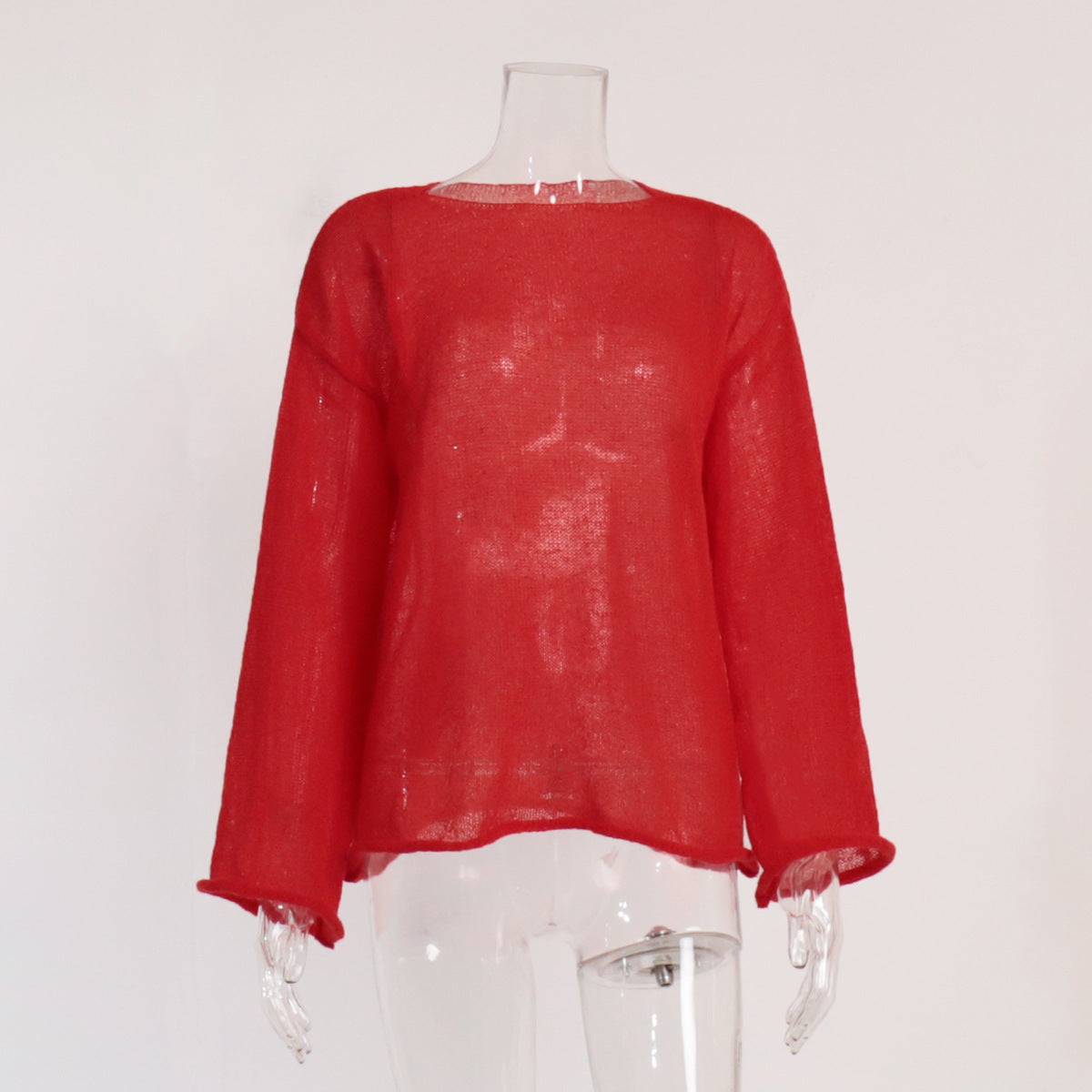 Sheer Open-Knit Bell Sleeve Sweater in Red — front view on mannequin