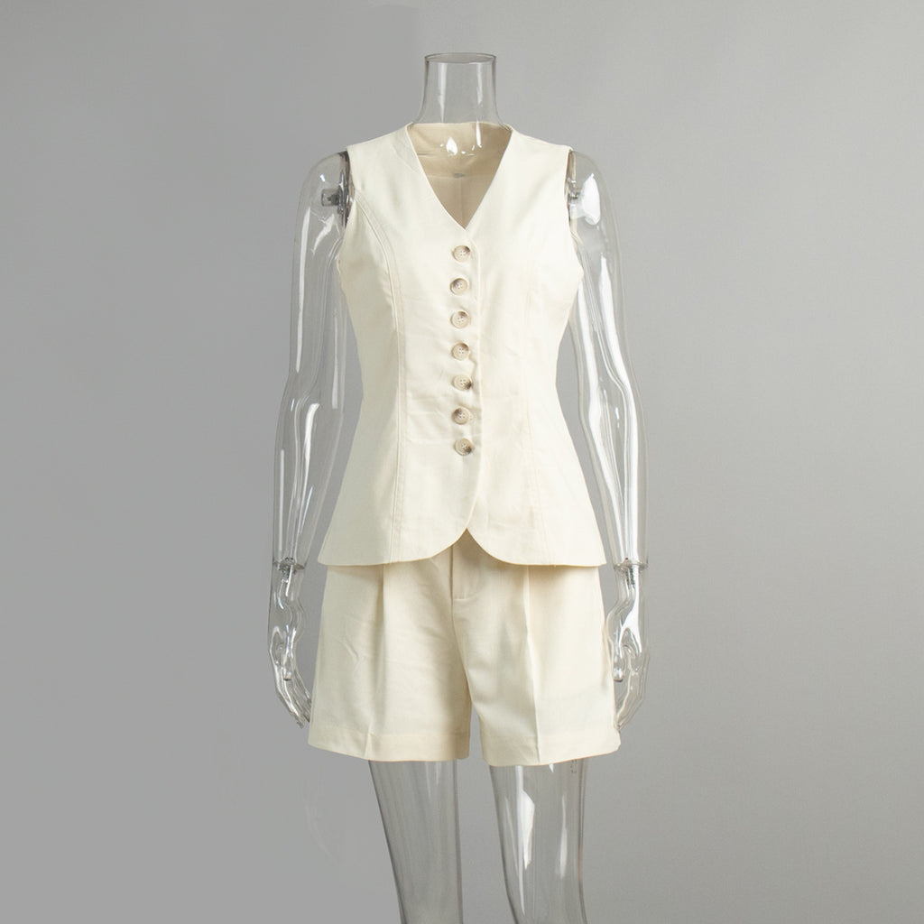 Linen-Blend Vest & Pleated Shorts Set in Butter Cream — set front view on mannequin