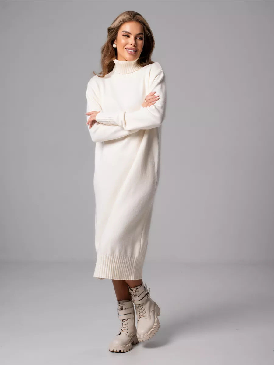 Relaxed Turtleneck Sweater Dress in Ivory — front view on model