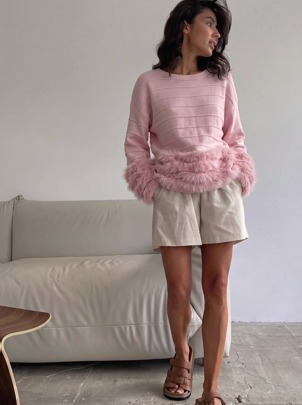 Fringe Trim Ribbed Crewneck Sweater in Soft Pink — full outfit view