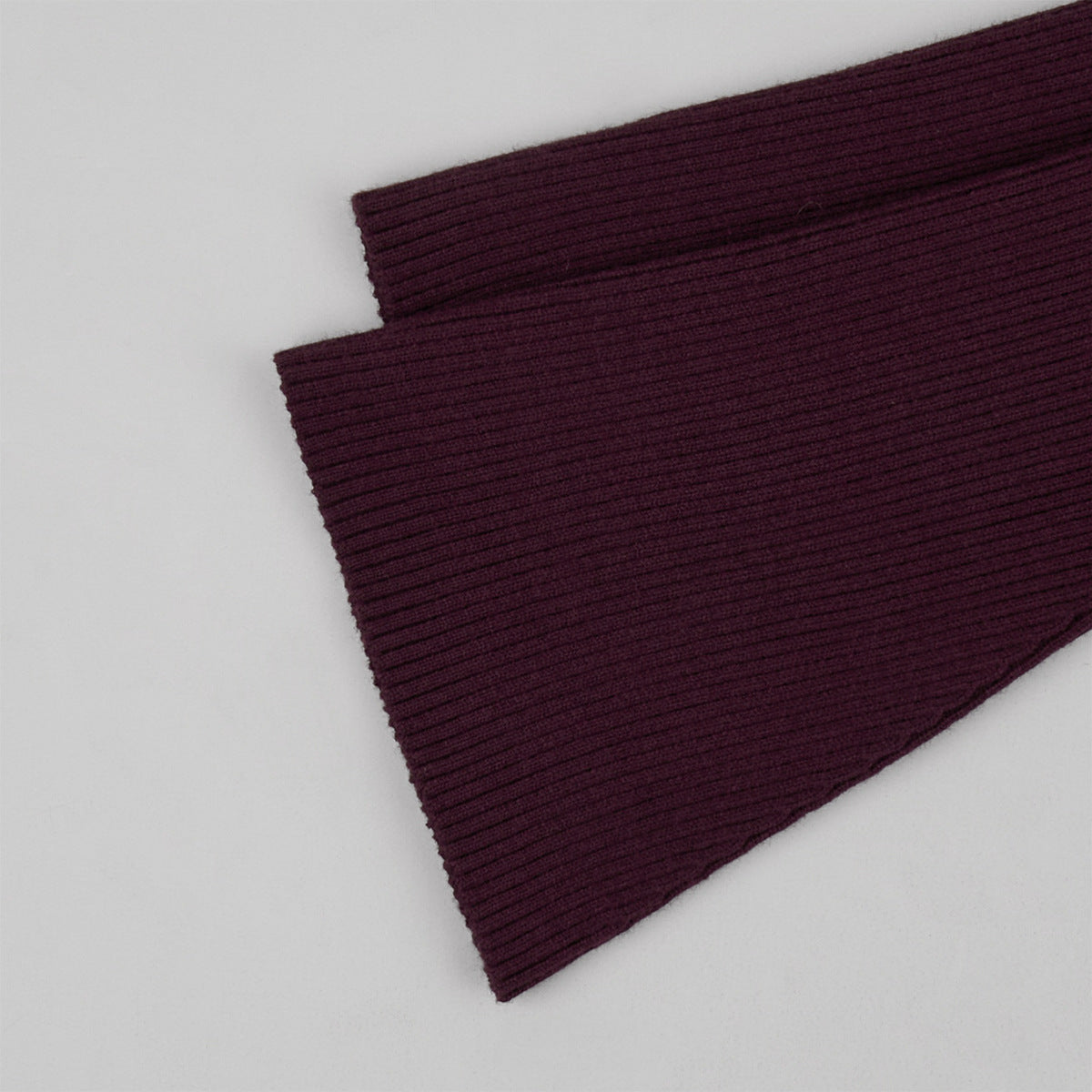 Ribbed V-Neck Button Cardigan & Fitted Knit Maxi Skirt Set in Plum — close-up of the flared cuff