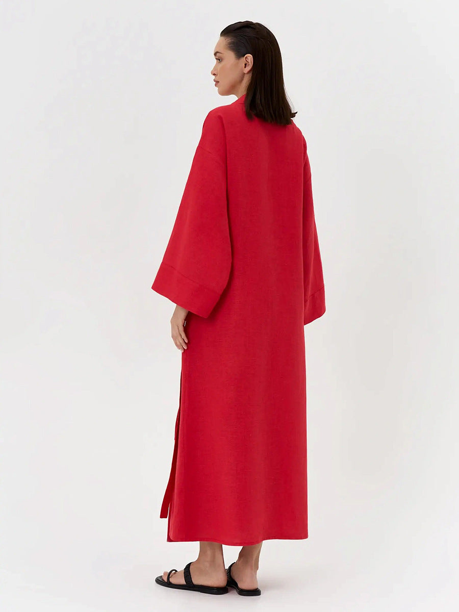 Linen-Blend Long Wrap Duster Dress in Cherry Red — back view on model, studio