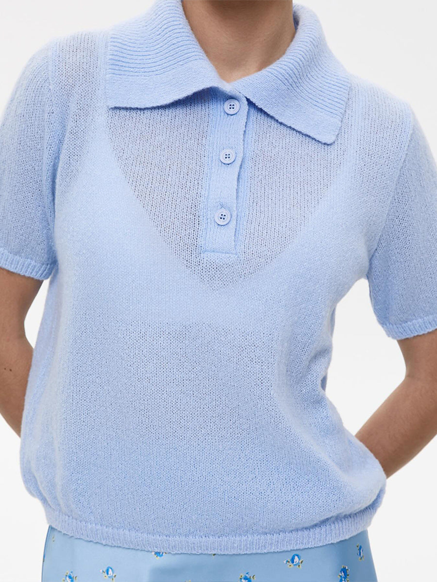 Soft Knit Short Sleeve Polo Top in Light Blue — on model
