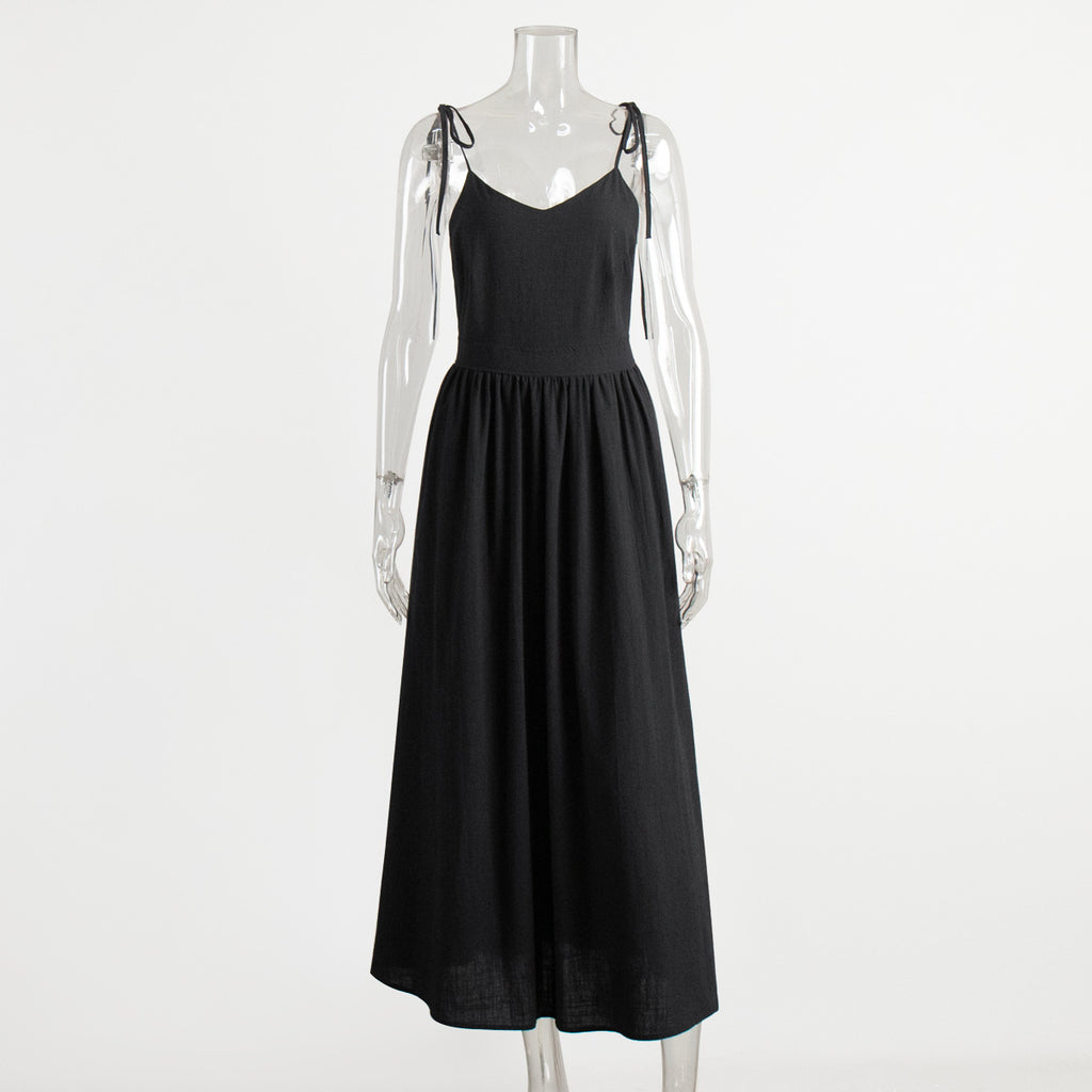 Tie-Shoulder Open-Back Cotton Maxi Dress in Black — front view on mannequin