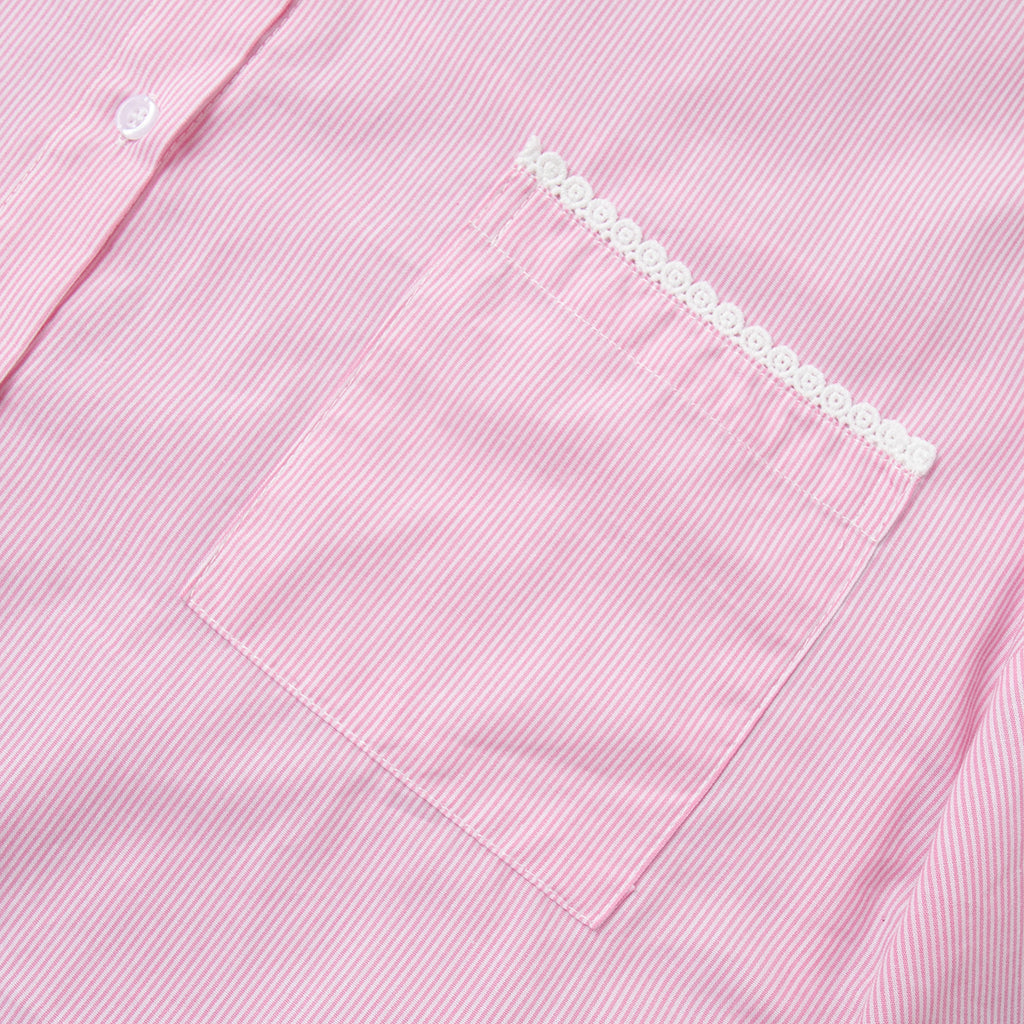 Pinstripe Cotton Shirt & Wide-Leg Pants Set in Soft Pink — close-up of collar