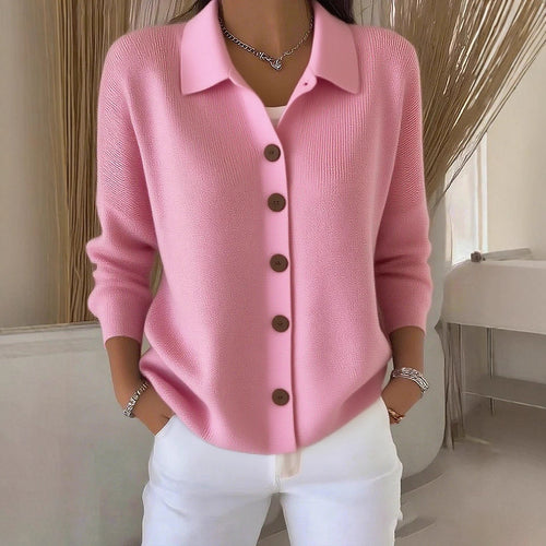 Collared Button-Front Knit Cardigan in Pink — front view on model