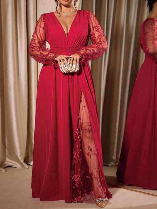 Plus-Size Lace-Sleeve V-Neck Maxi Gown with Slit in Red — full-length front view on model