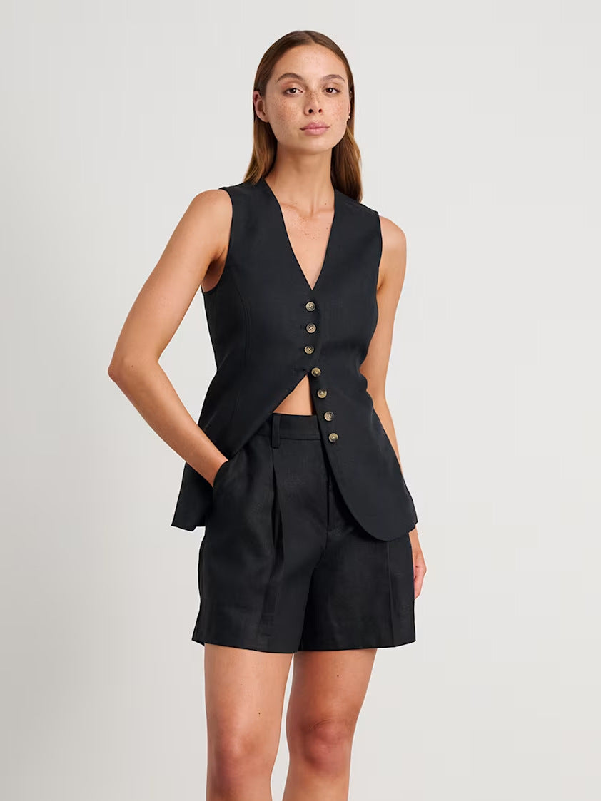 Linen-Blend Vest & Pleated Shorts Set in Black — on model