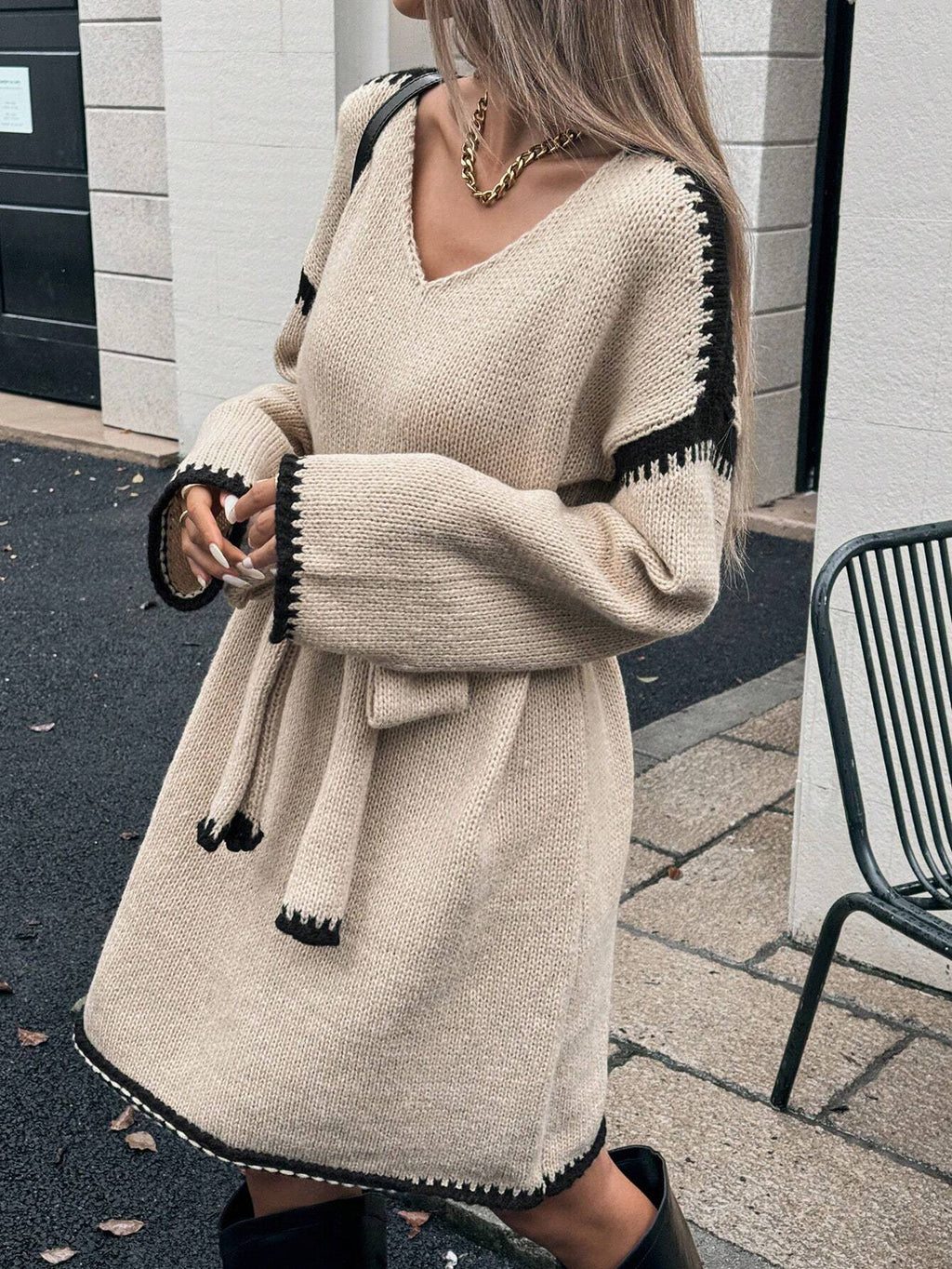 Contrast-Stitch Belted Knit Mini Dress in Oatmeal — front view on model