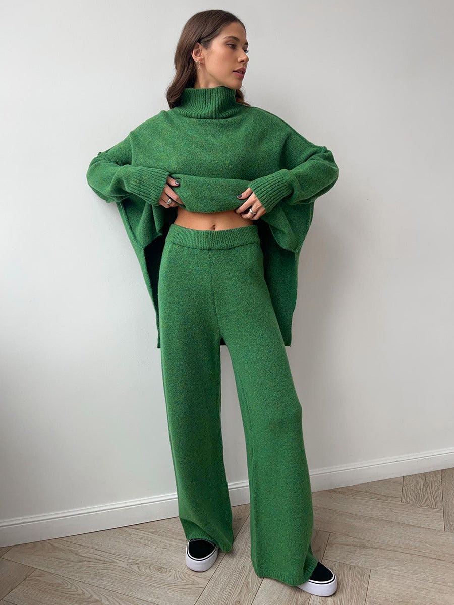 Oversized Turtleneck Sweater & Wide-Leg Knit Pants Set in Green — set worn on model, front view