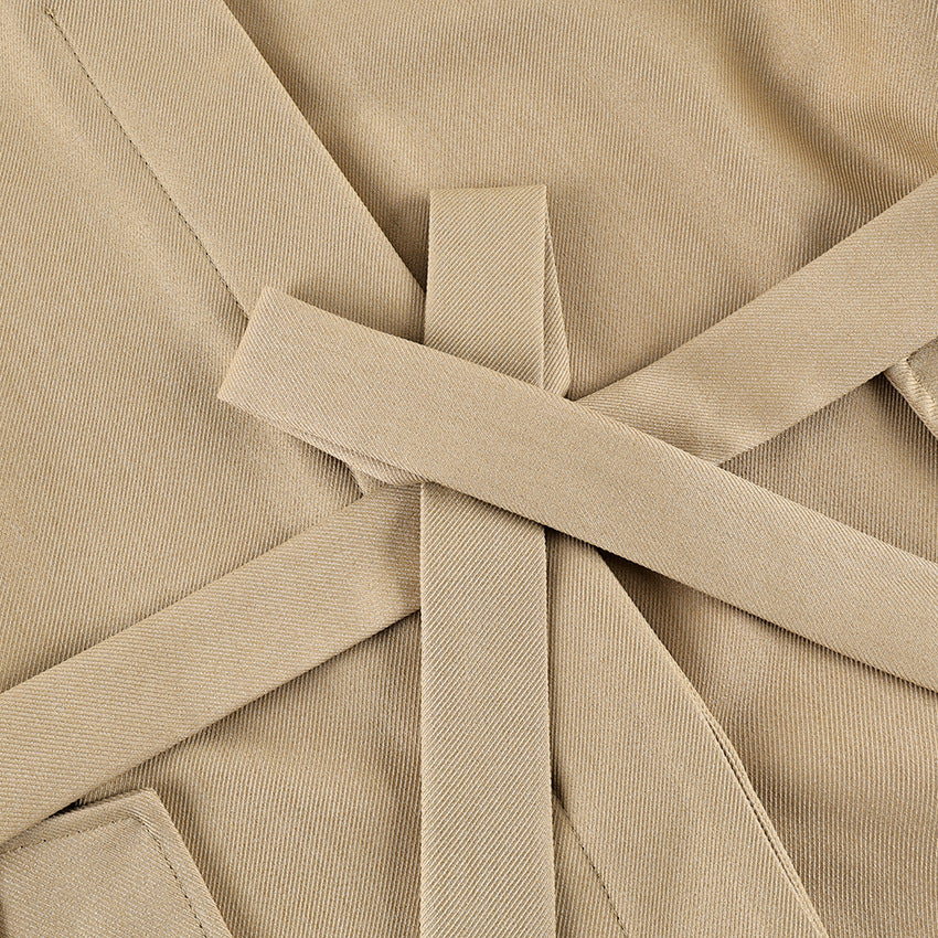 Belted Twill Utility Jacket with Epaulettes in Tan — close-up of the self-tie belt