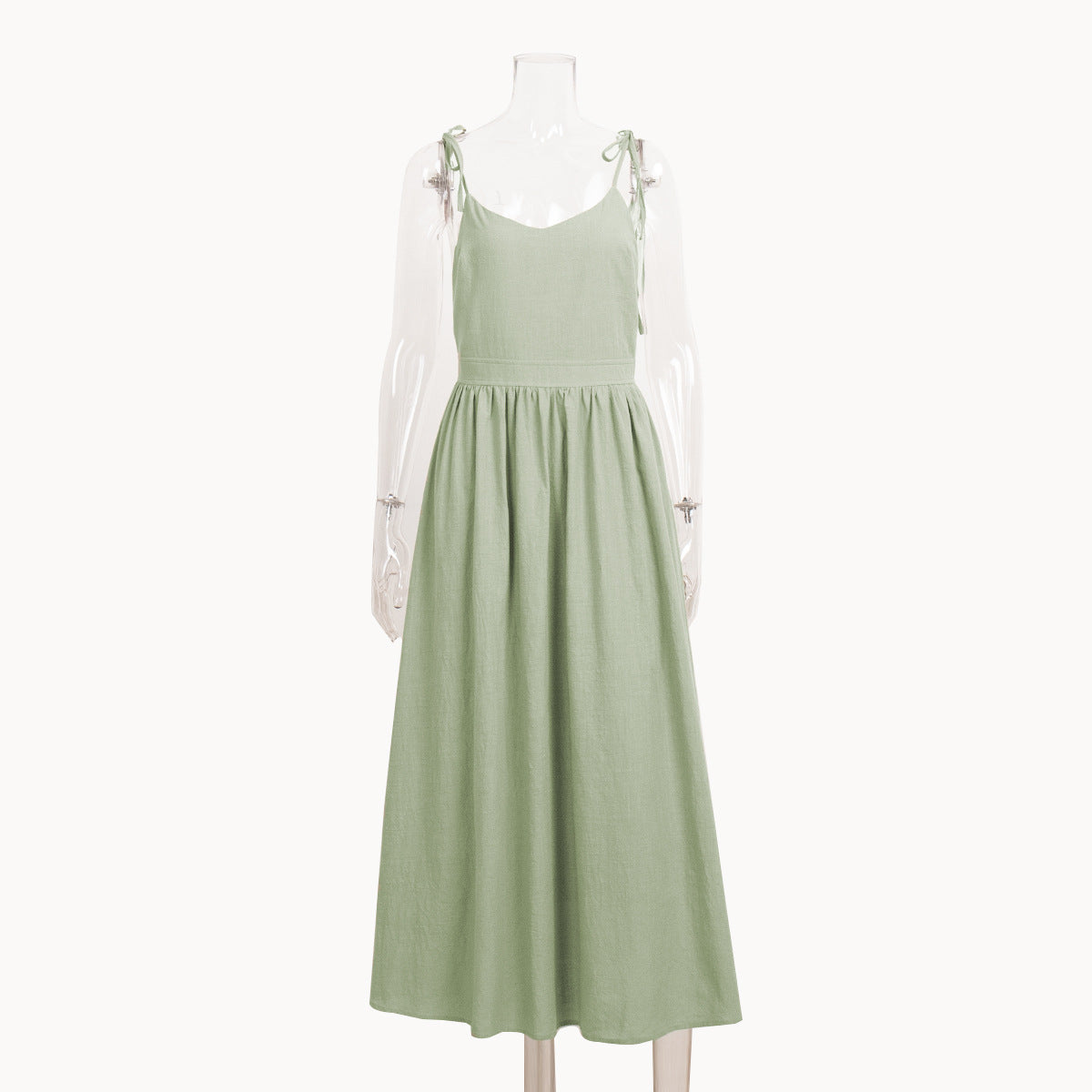 Tie-Shoulder Open-Back Cotton Maxi Dress in Sage Green — front view on mannequin