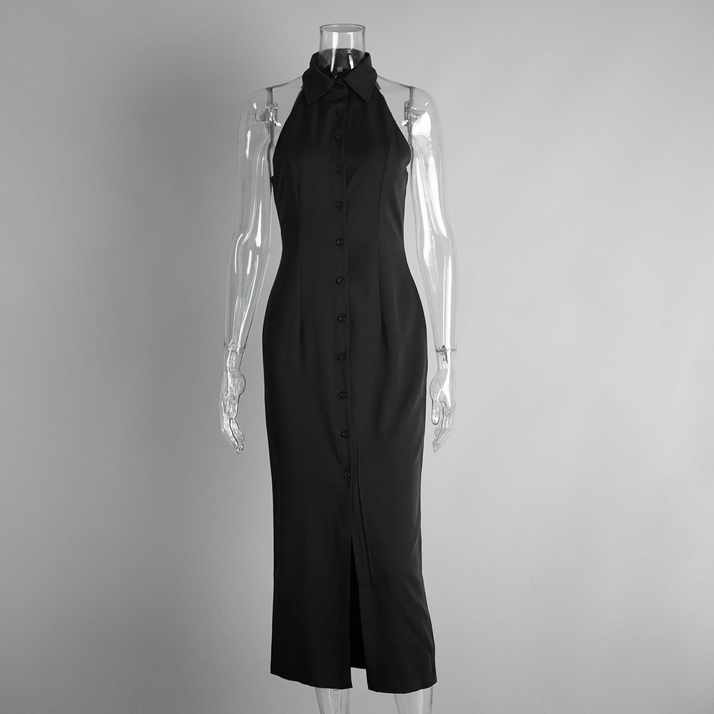 Sleeveless Button-Front Collared Maxi Dress in Black — front view on mannequin
