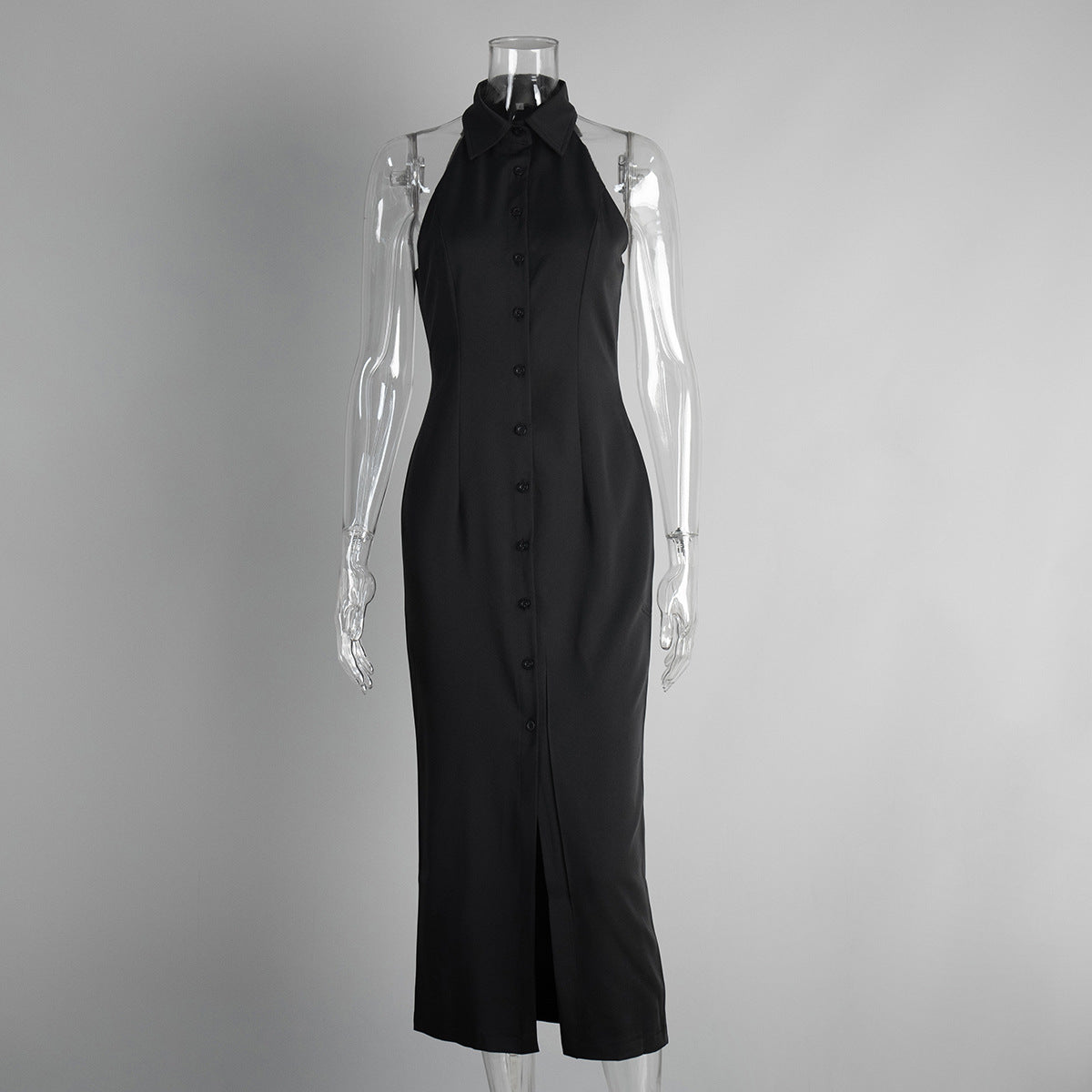 Sleeveless Button-Front Collared Maxi Dress in Black — front view on mannequin