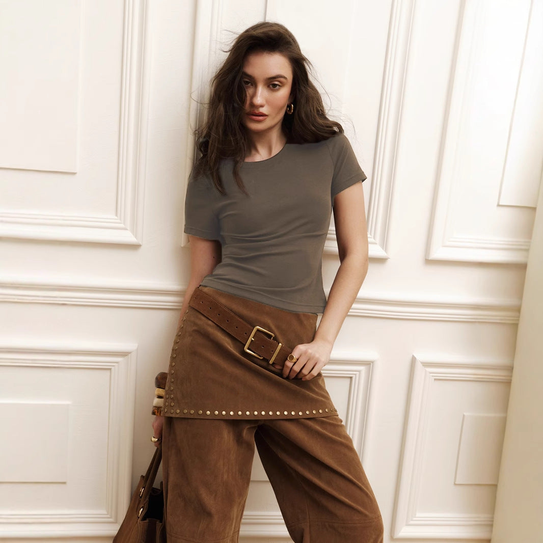 Slim Ribbed Short Sleeve Baby Tee in Taupe — front view on model