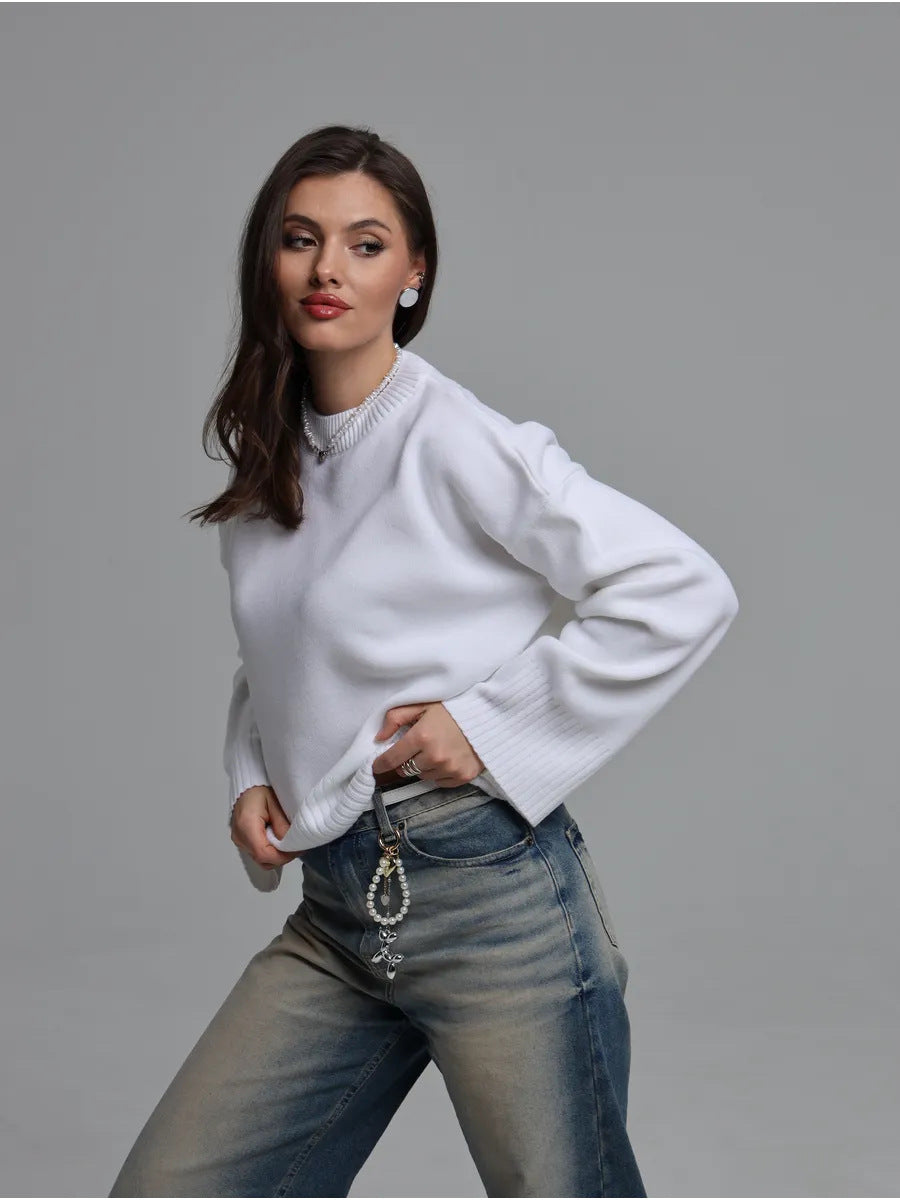 Relaxed Crew Neck Sweater with Split Cuffs in White — front view on model or garment