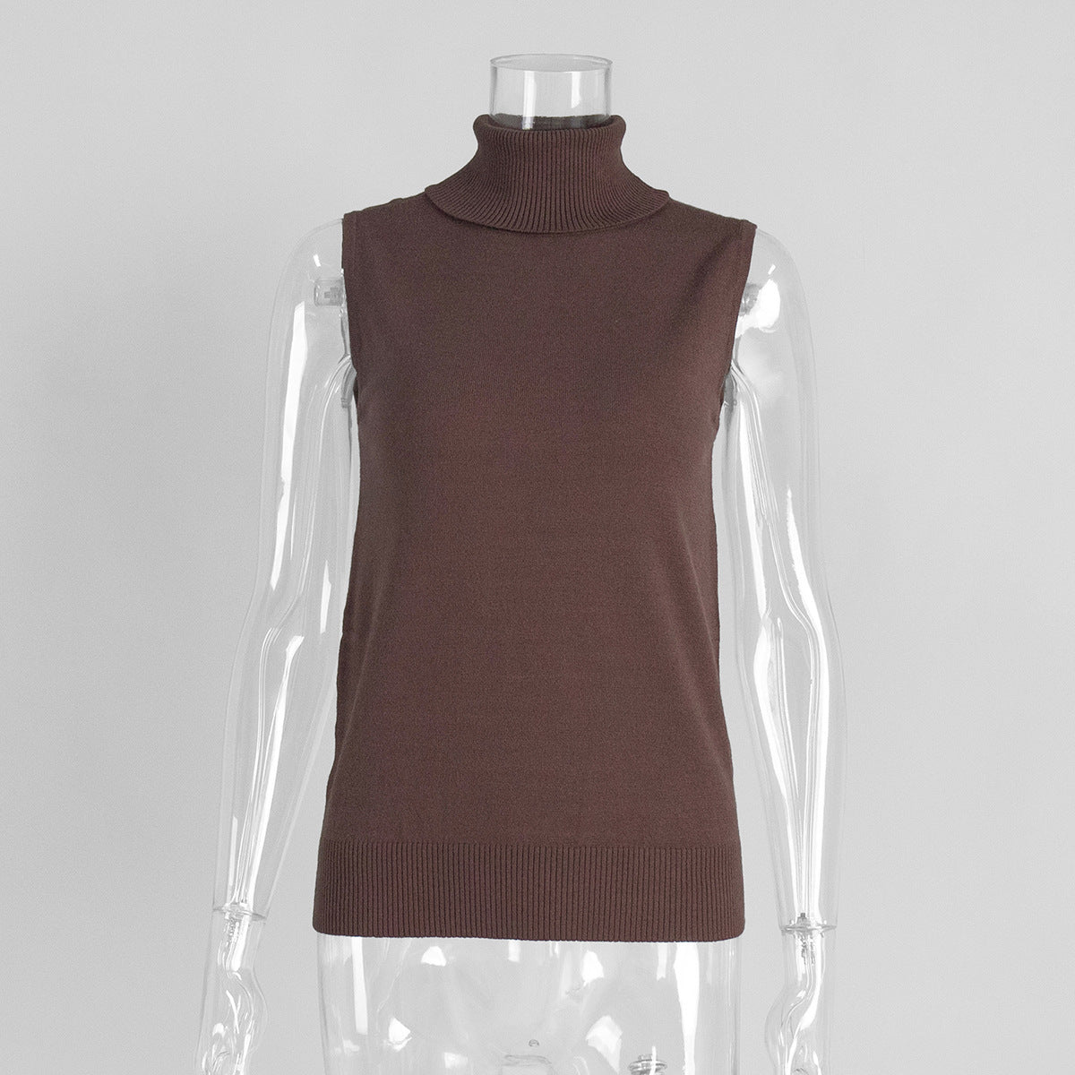 Sleeveless Turtleneck Knit Top & Cardigan Twin Set in Chocolate (Top Only) — front view