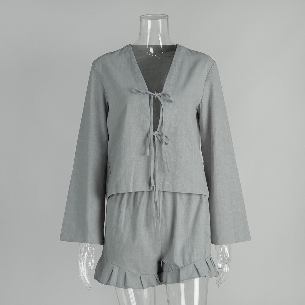 Cotton Tie-Front Top & Ruffle Shorts Set in Soft Grey — set front view on mannequin