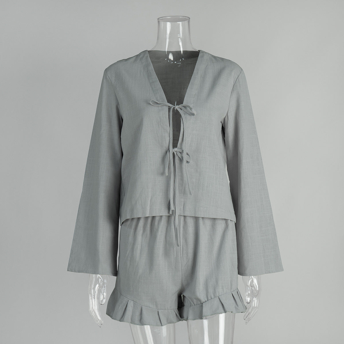 Cotton Tie-Front Top & Ruffle Shorts Set in Soft Grey — set front view on mannequin