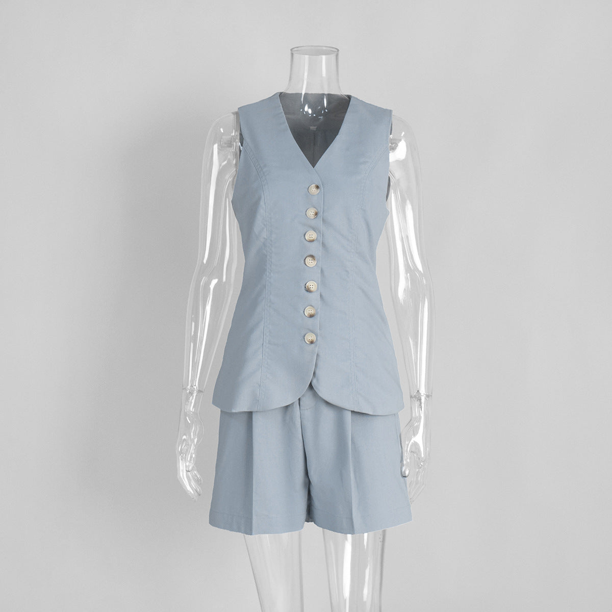 Linen-Blend Vest & Pleated Shorts Set in Sea Blue — front view on mannequin
