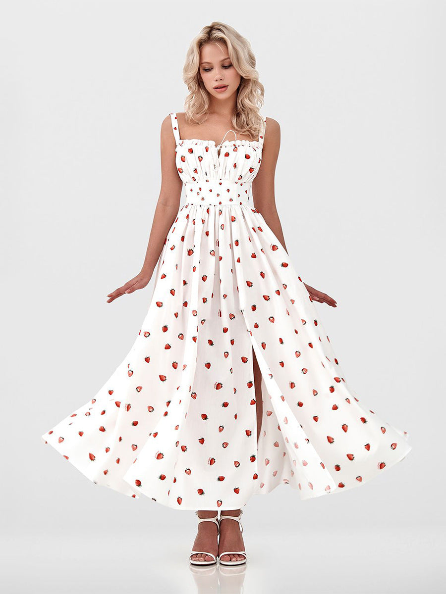 Printed Tie-Strap Maxi Dress with Side Slit in Strawberry Print — front view, studio