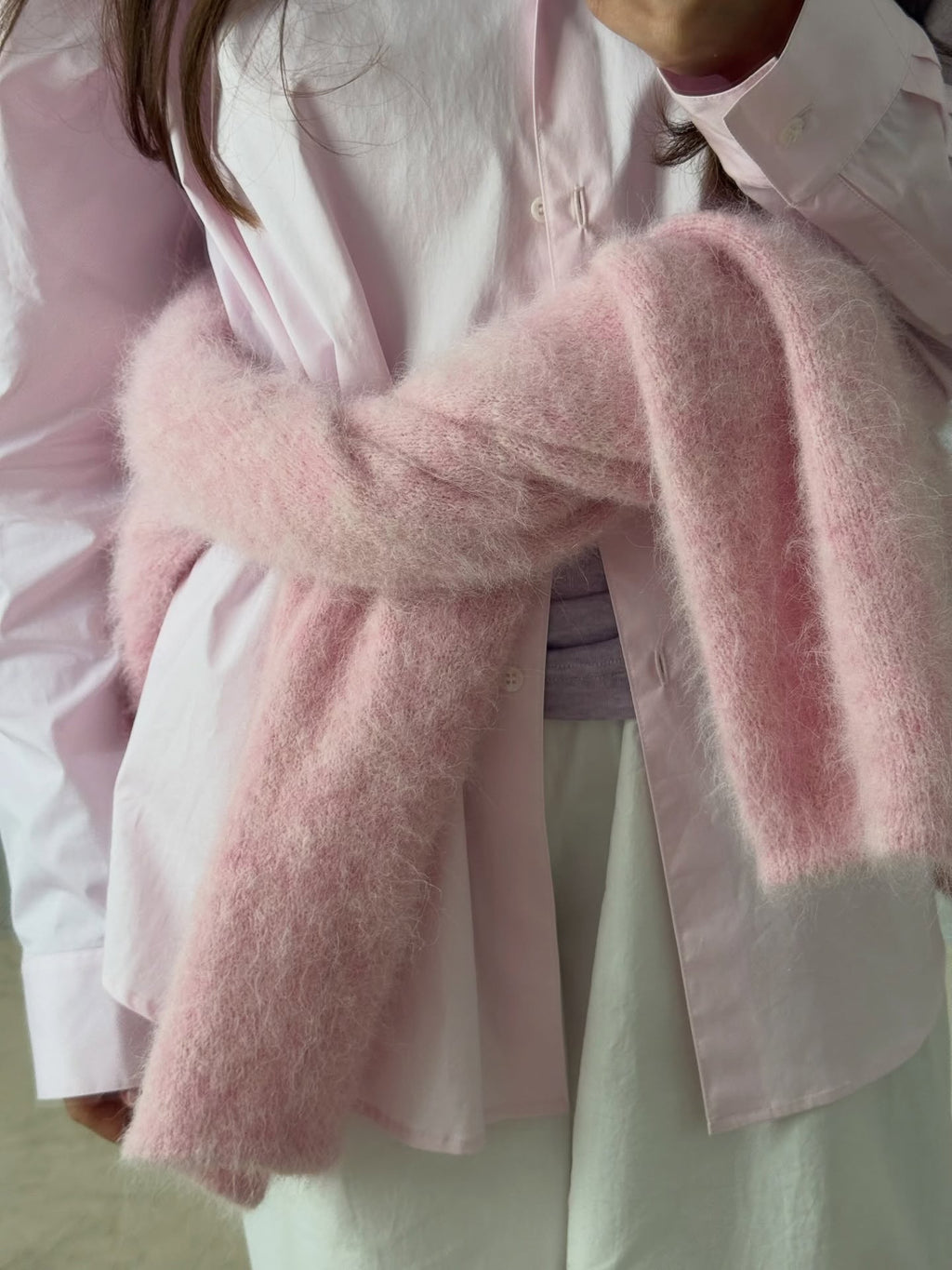 Fuzzy Wool-Blend Crew-Neck Button Cardigan in Pink — close-up of the fuzzy knit