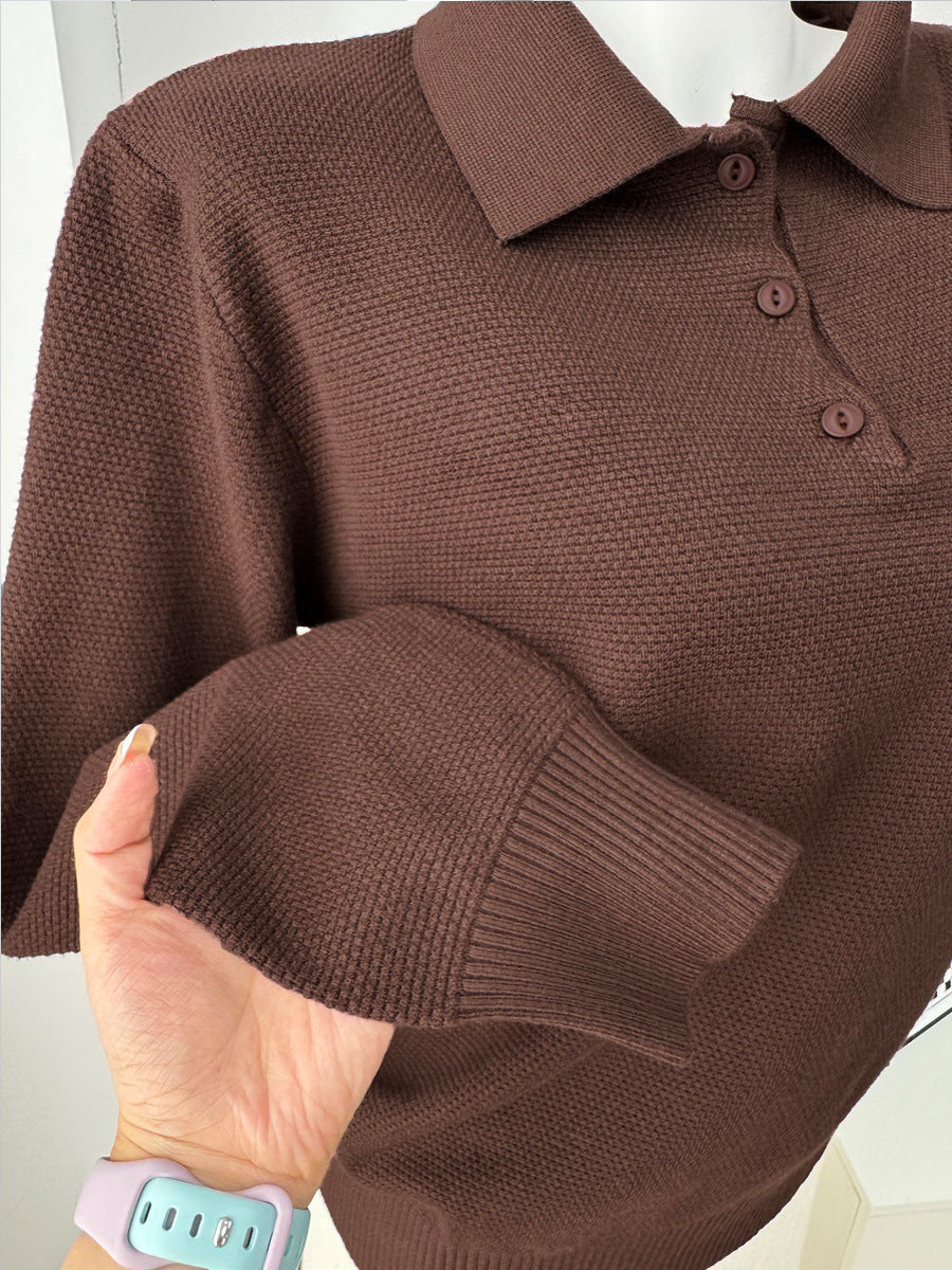 Relaxed Polo Collar Knit Sweater in Chocolate — close-up of the collar and knit