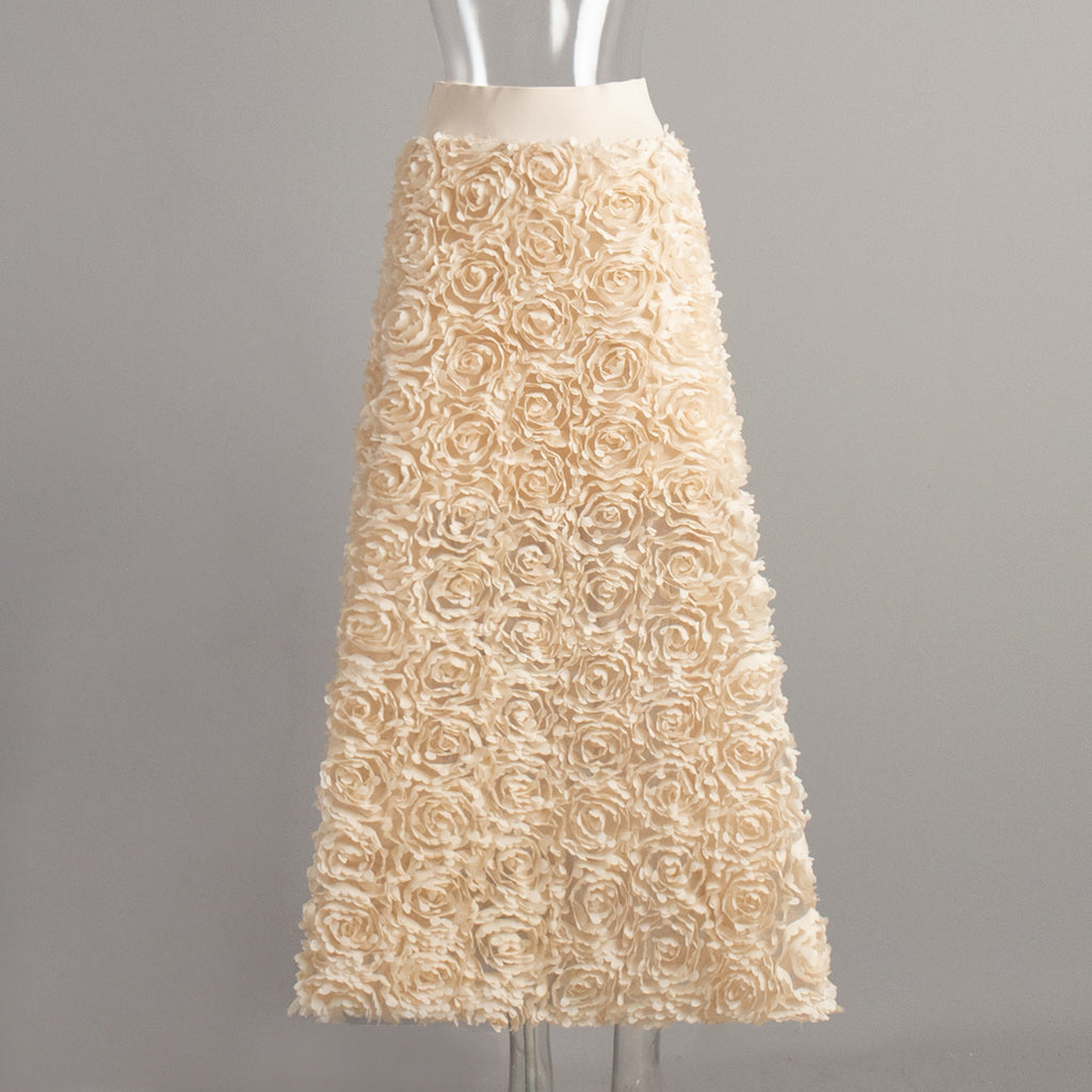 3D Rose Petal A-Line Maxi Skirt in Champagne — on mannequin