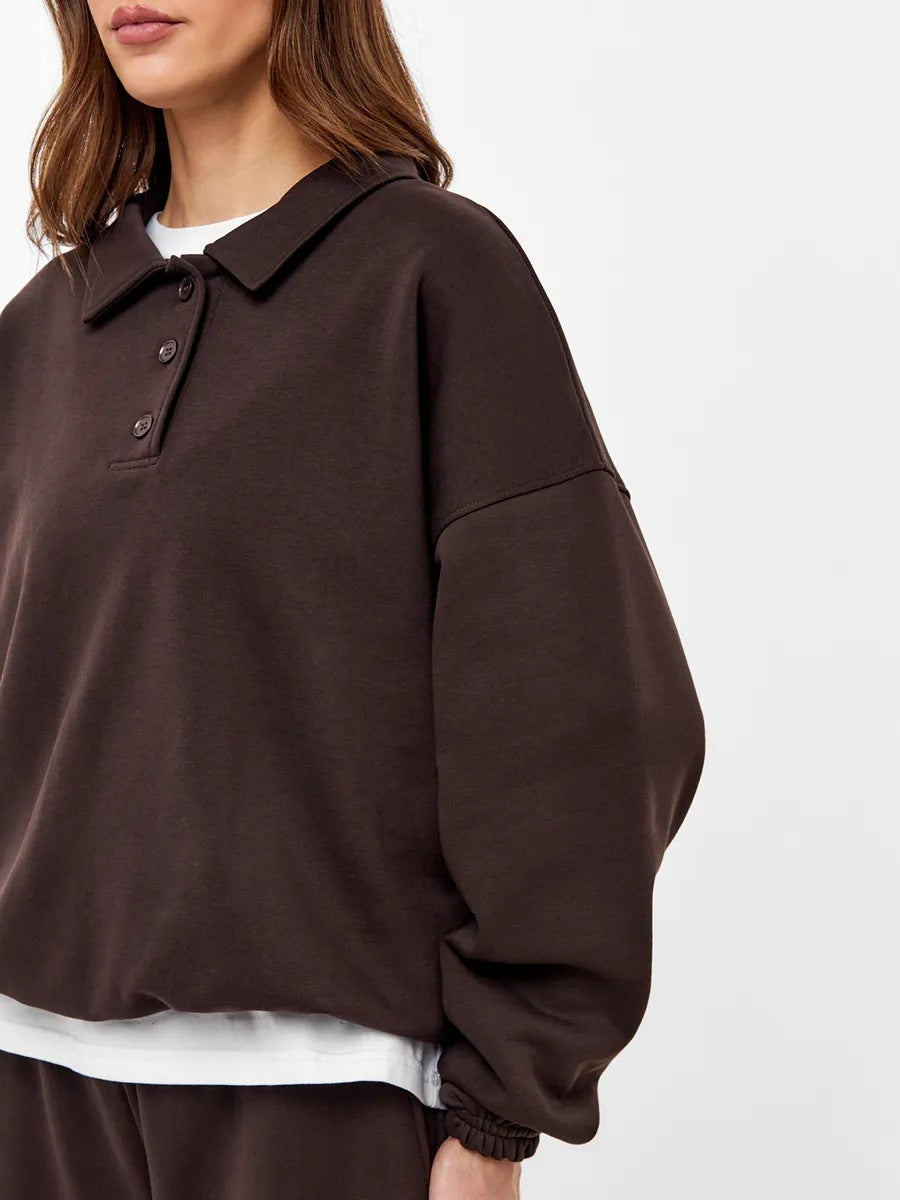 Polo Collar Sweatshirt & Drawstring Wide-Leg Pants Set in Chocolate — close-up of the polo collar and placket