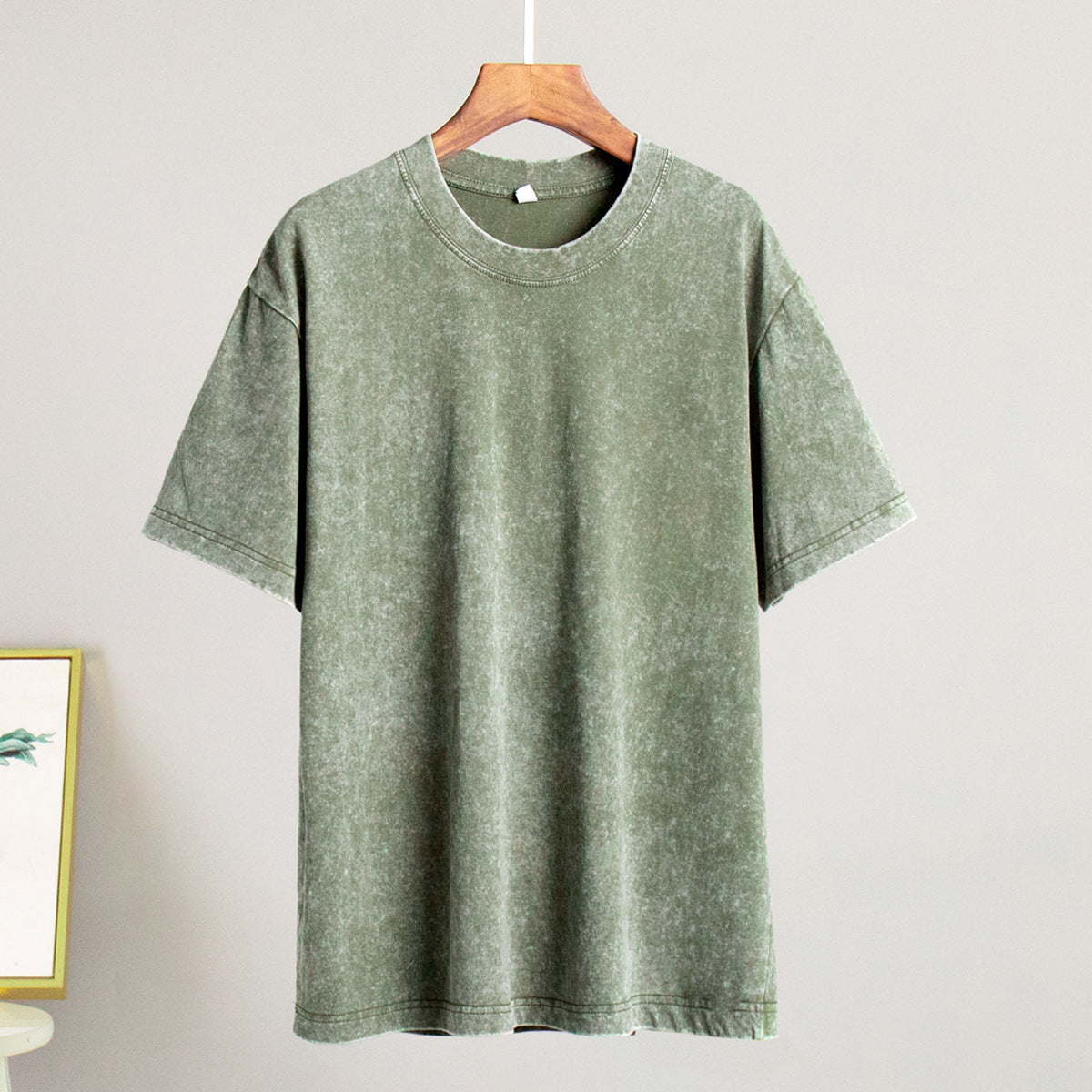 Oversized Washed Cotton Crewneck Tee in Olive — on hanger