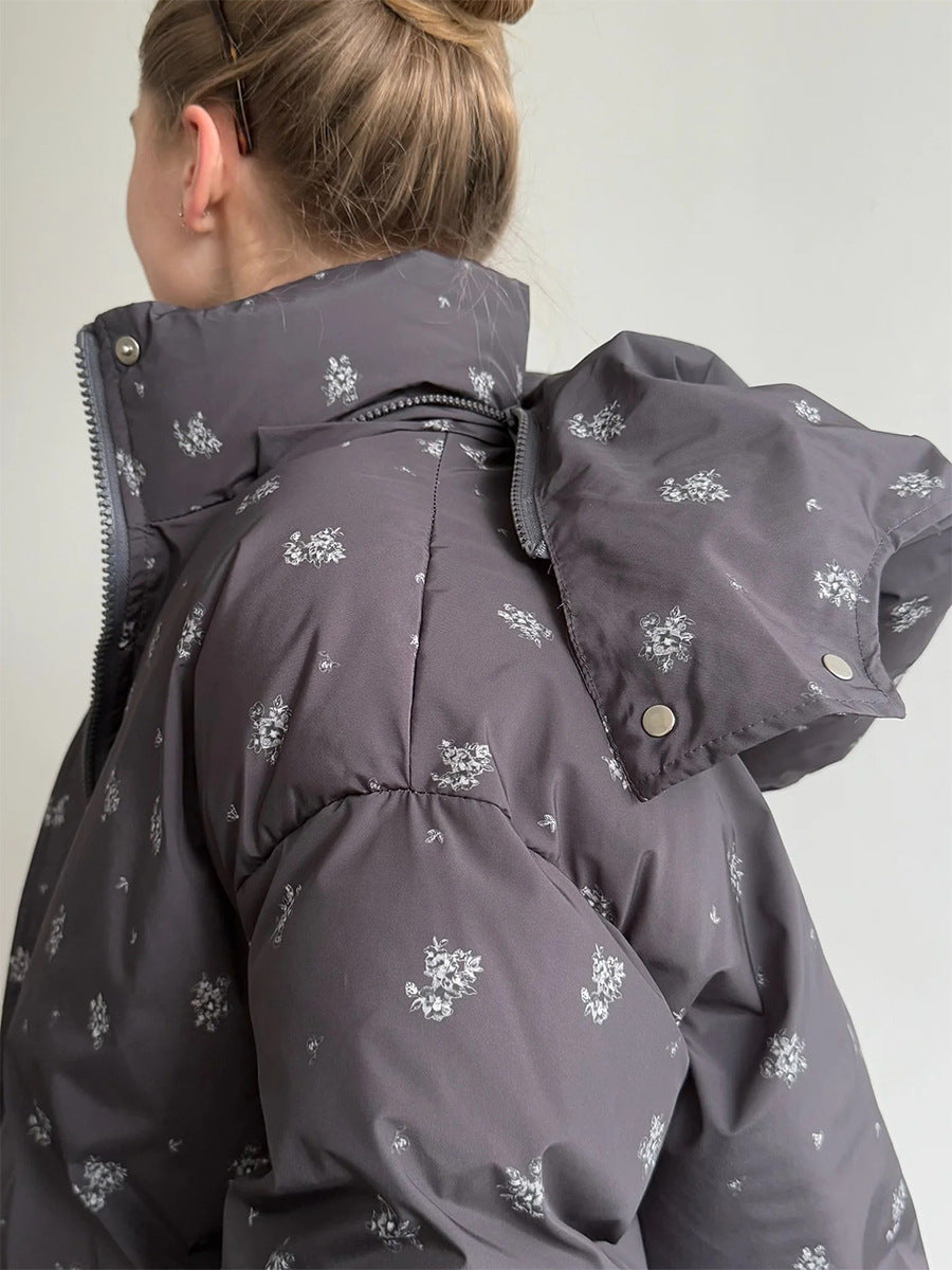 Floral Print Hooded Puffer Jacket & Drawstring Puffer Pants in Black Floral — hood and collar, back view